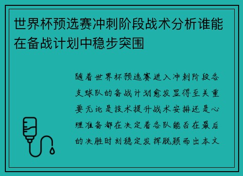 世界杯预选赛冲刺阶段战术分析谁能在备战计划中稳步突围
