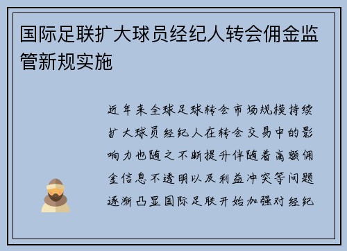国际足联扩大球员经纪人转会佣金监管新规实施