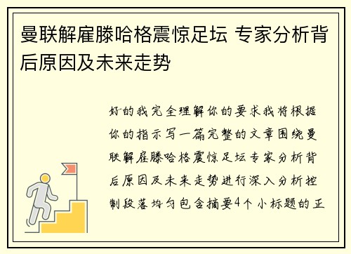 曼联解雇滕哈格震惊足坛 专家分析背后原因及未来走势 曼联解雇滕哈格震惊足坛 专家分析背后原因及未来走势